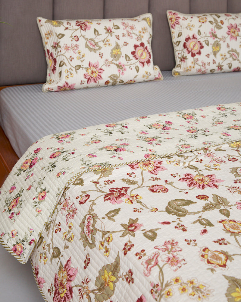 Cream & Pink Reversible Quilted Bedcover (90X108)
