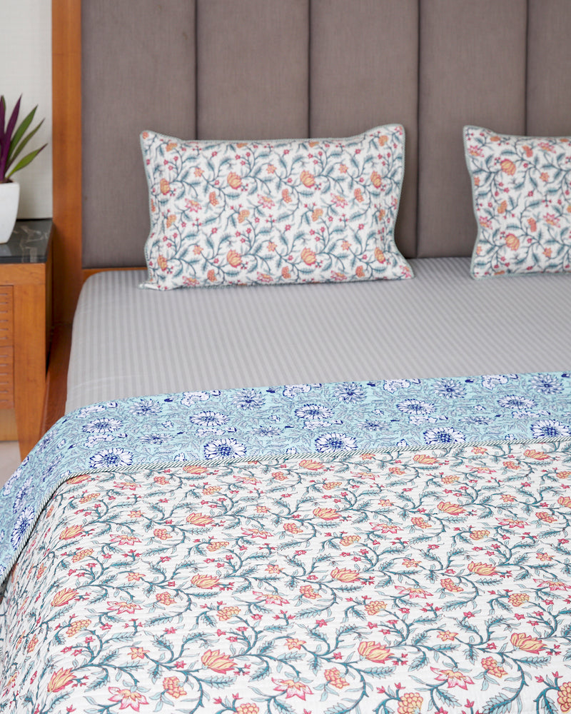 Floral Reversible Quilted Double Bedcover (Queen Size)