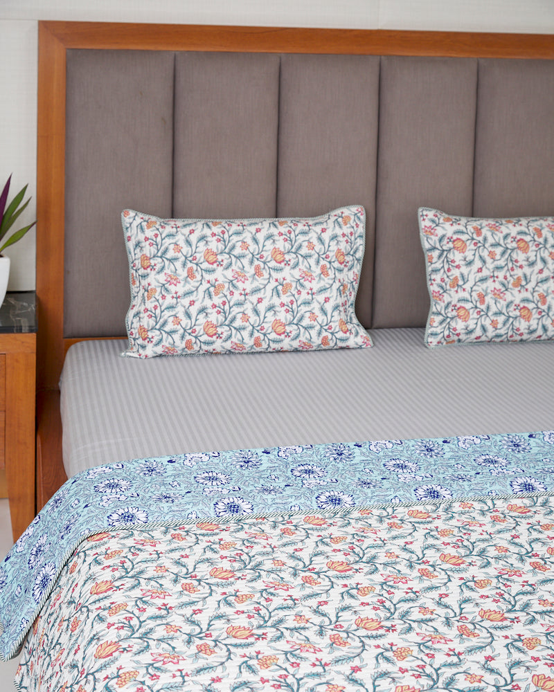 Floral Reversible Quilted Double Bedcover (Queen Size)