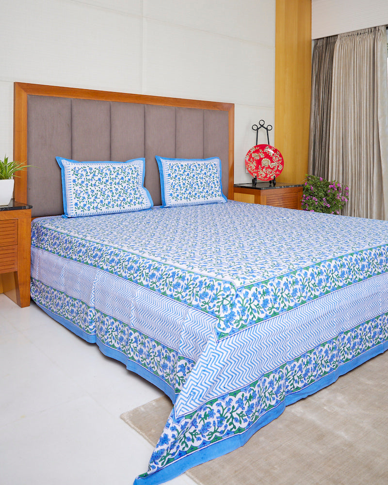 Light Blue Printed Bedsheet with Pillow Covers (108" X 108")