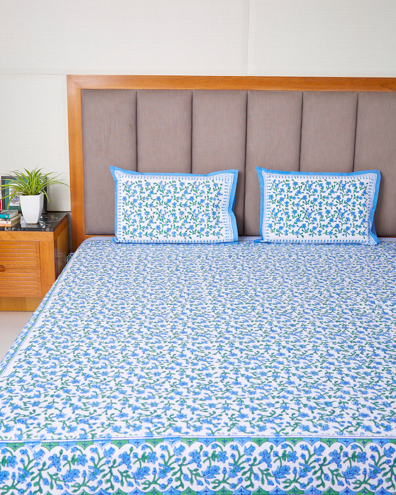 Light Blue Printed Bedsheet with Pillow Covers (108" X 108")