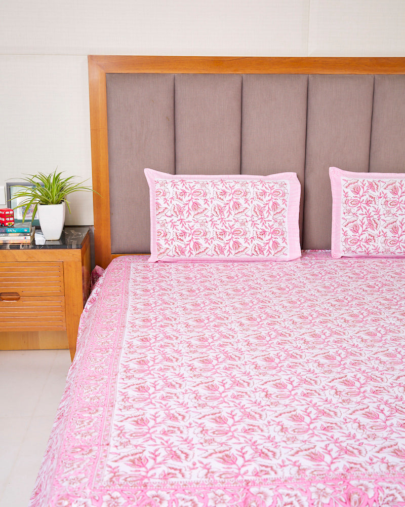 Blush Pink Handblock Printed King Bedsheets with Pillow Covers (108" X 108")