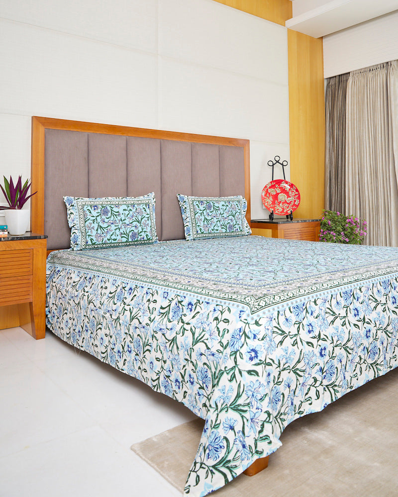 Blue Handblock Print Bedsheet with Pillow Covers (108" X 108")
