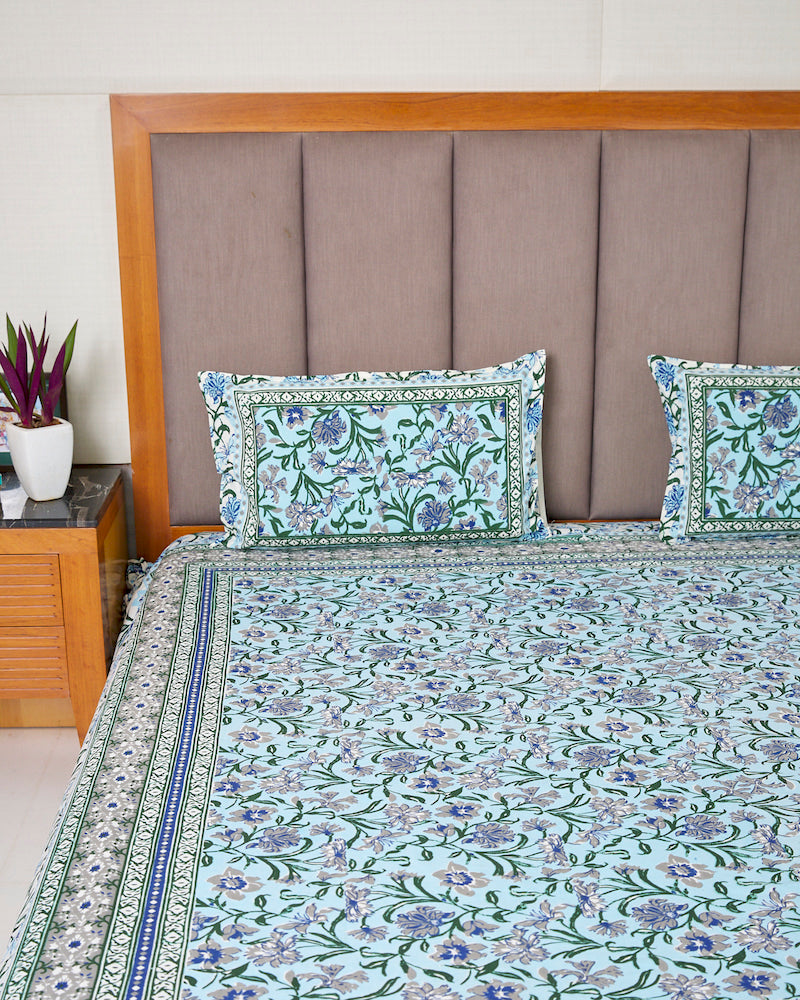 Blue Handblock Print Bedsheet with Pillow Covers (108" X 108")