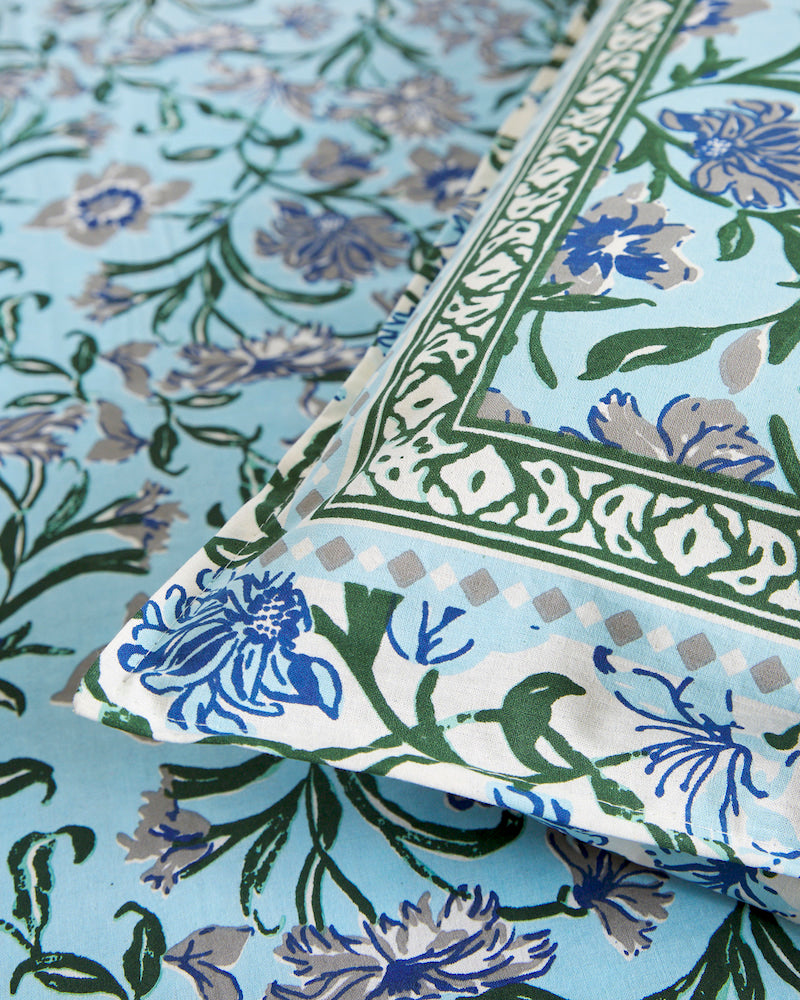 Blue Handblock Print Bedsheet with Pillow Covers (108" X 108")