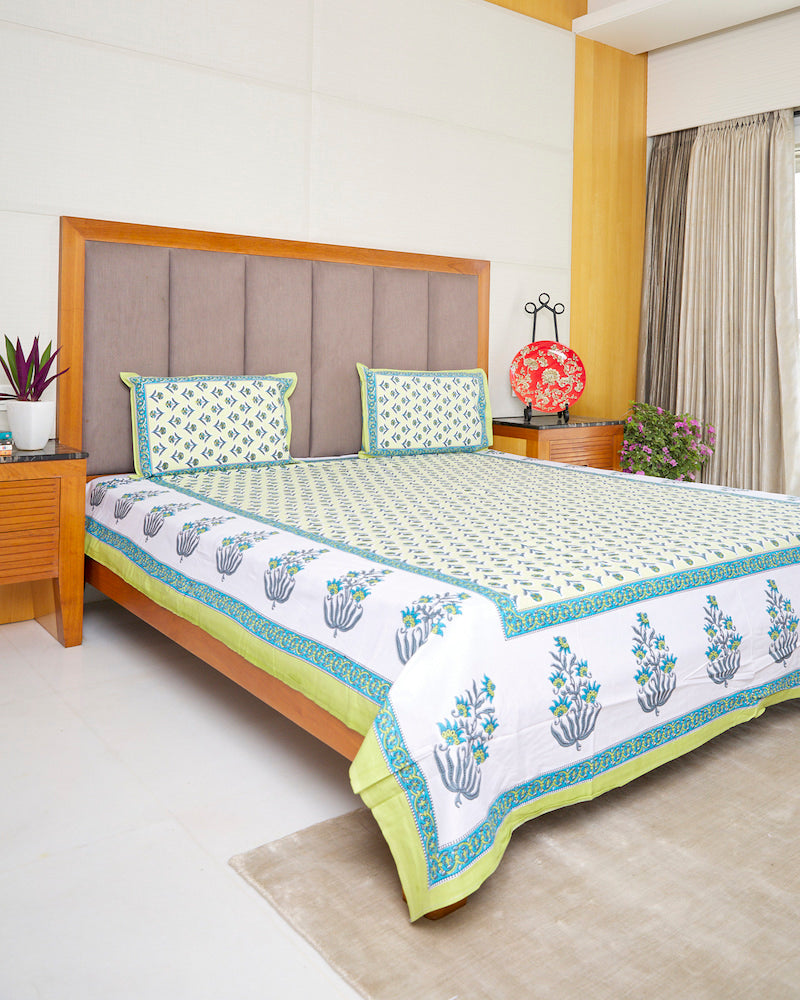 Green Handblock Printed Queen Bedsheet with Pillow Covers (90" X 108")