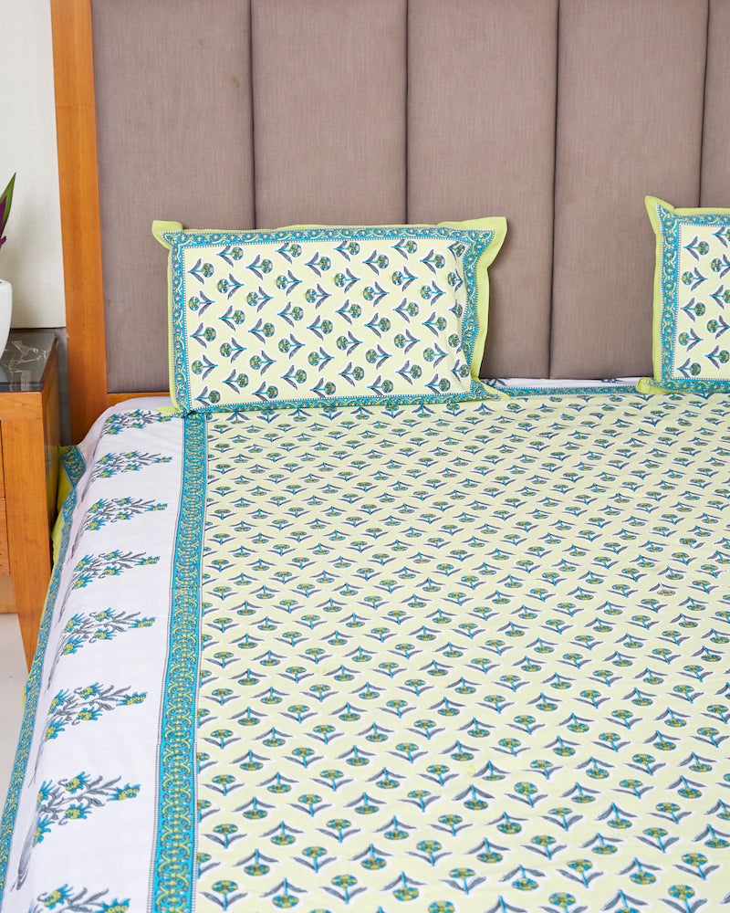 Green Handblock Printed Queen Bedsheet with Pillow Covers (90" X 108")
