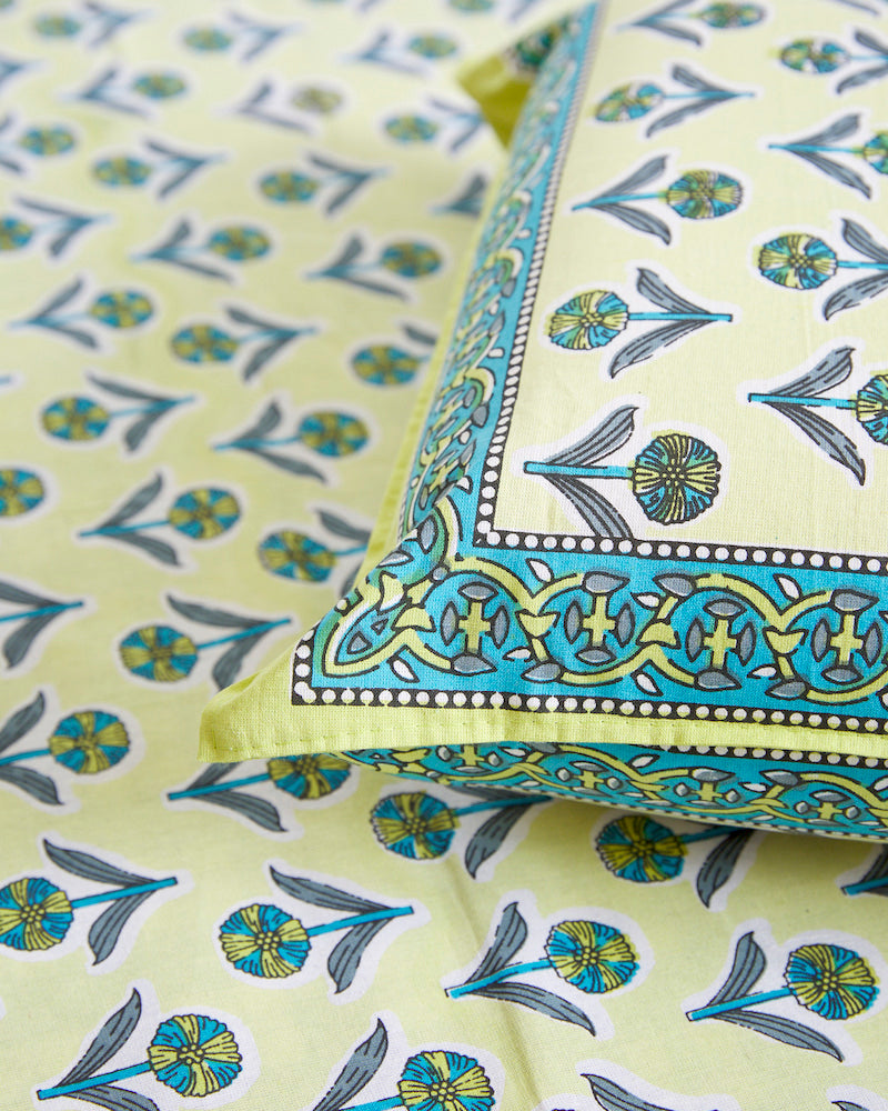 Green Handblock Printed Queen Bedsheet with Pillow Covers (90" X 108")