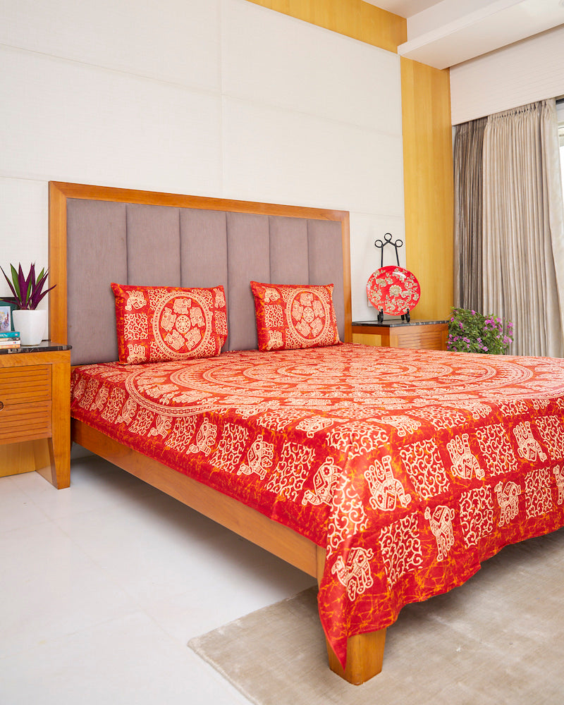 Red Handblock Printed Bedsheet with Pillow Covers (108" X 90")