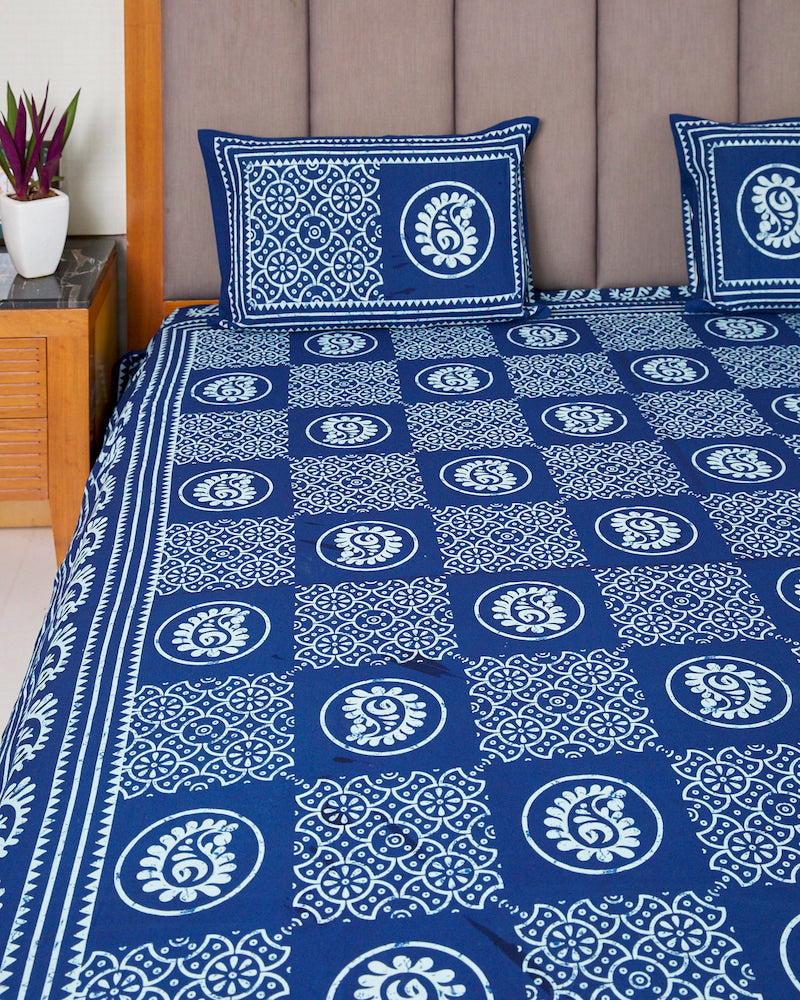 Handblock Print Dark Blue Queen Bedsheet with Pillow Covers (90" X 108")
