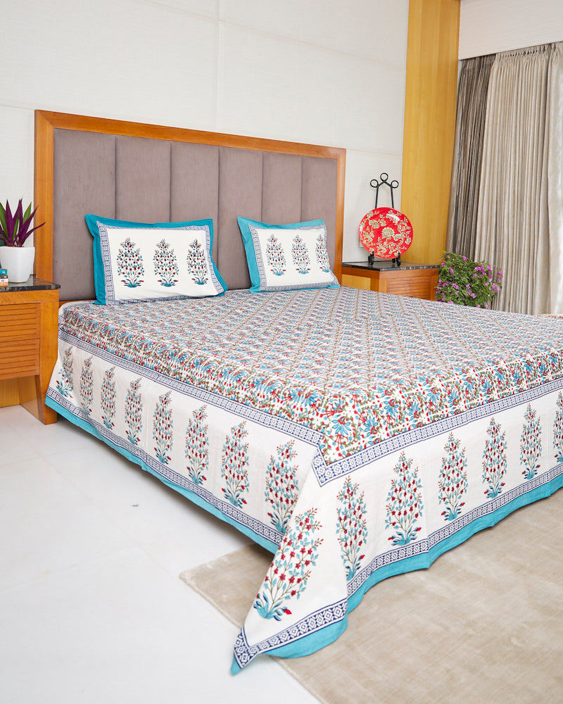 Handblock Print King Size Bedsheet with Pillow Covers (108" X 108")