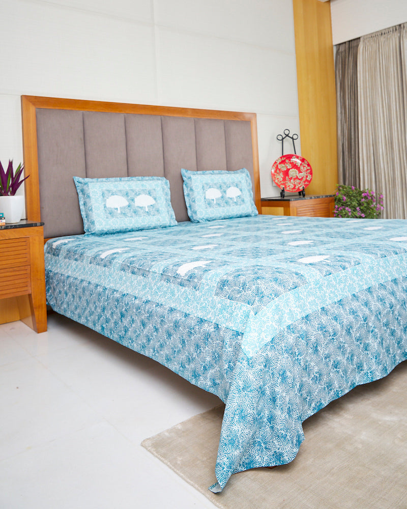 Blue Handblock Printed King Bedsheet with Pillow Covers (108" X 108")