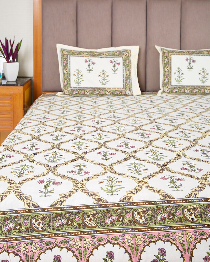 Multicolor Floral Handblock Print King Bedsheet with Pillow Covers (108" X 108")