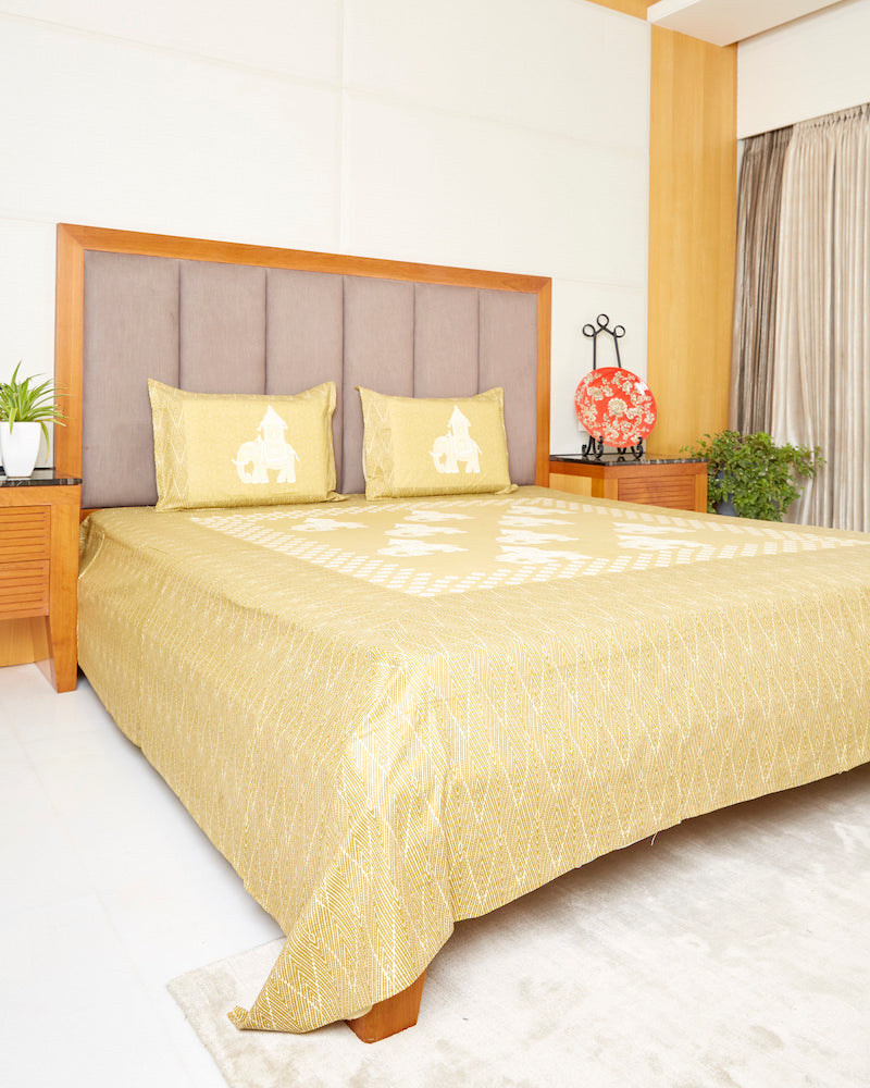 Yellow Handblock Print Bedsheet with Pillow Covers (108" X 108")