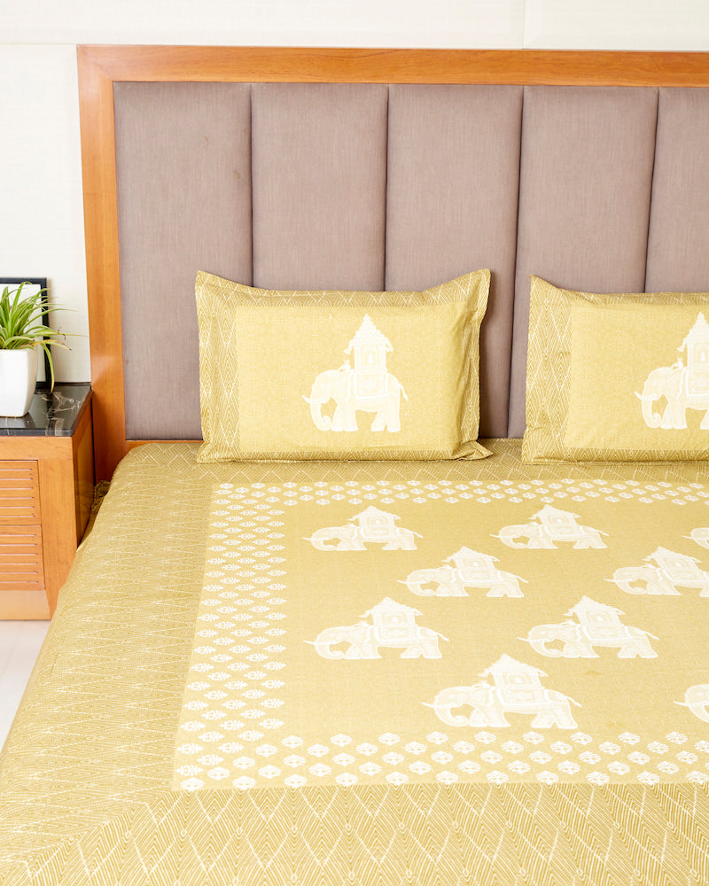 Yellow Handblock Print Bedsheet with Pillow Covers (108" X 108")