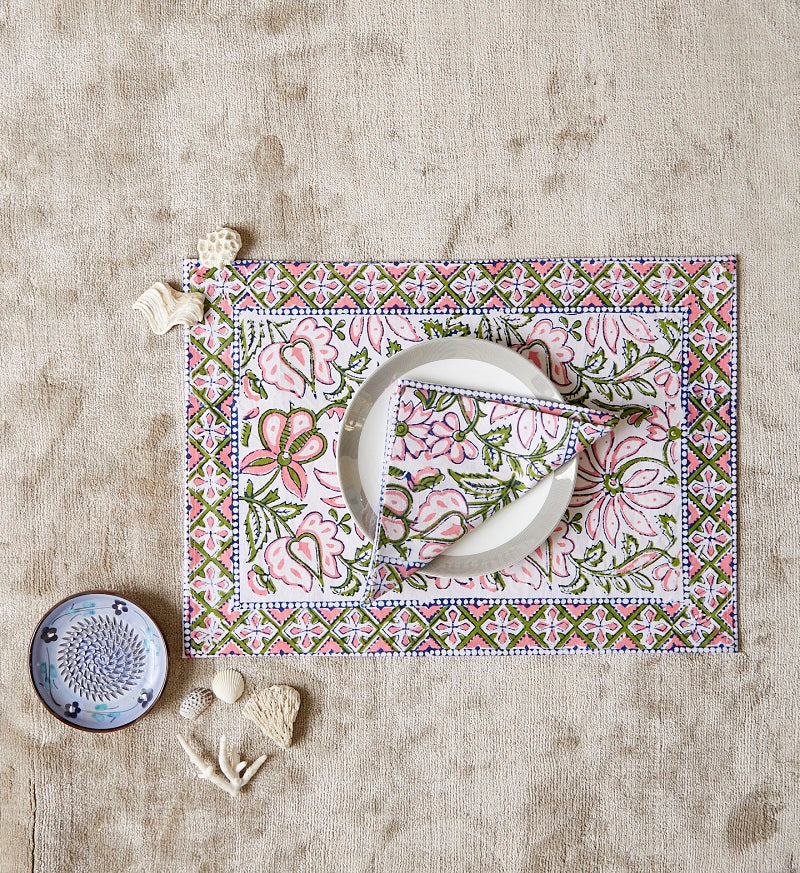 Floral Handblock Printed Table Mat & Napkins (Set of 6)