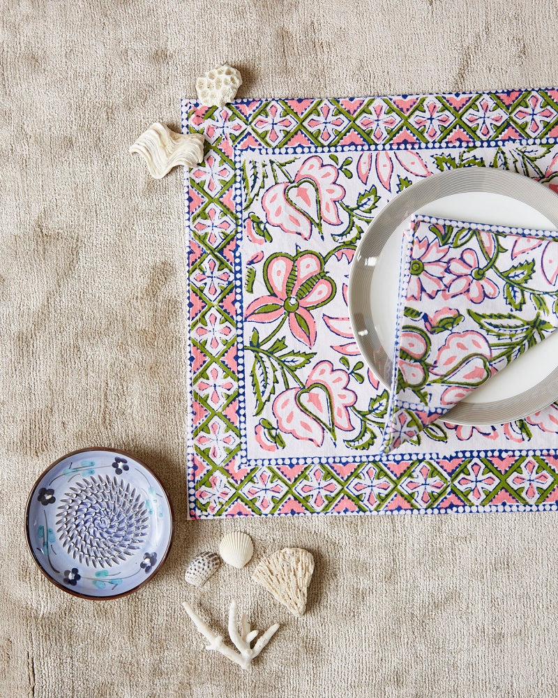 Floral Handblock Printed Table Mat & Napkins (Set of 6)