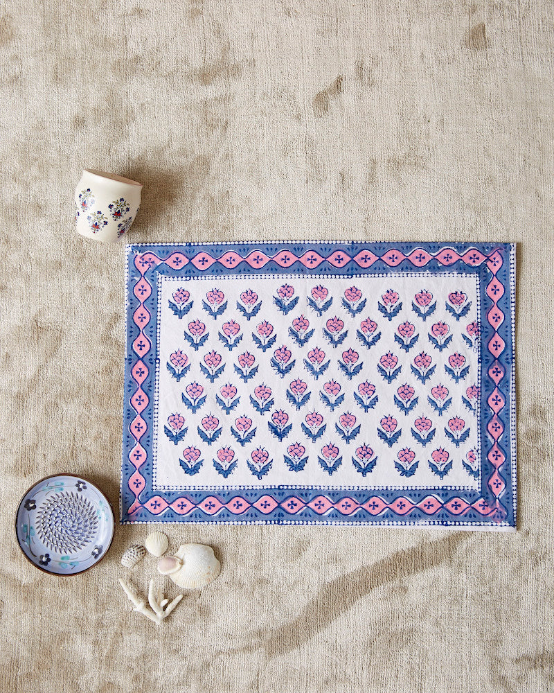Pink & Grey Handblock Printed Table mat & Napkins Set