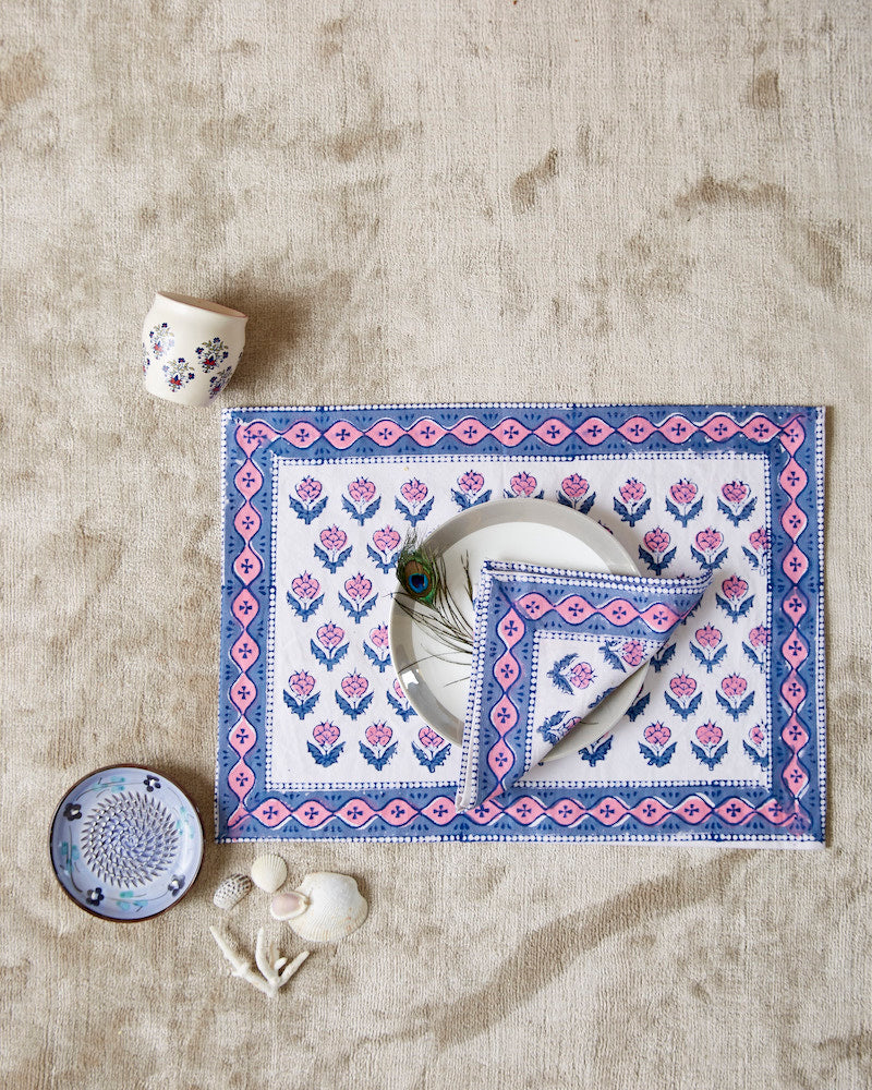 Pink & Grey Handblock Printed Table mat & Napkins Set
