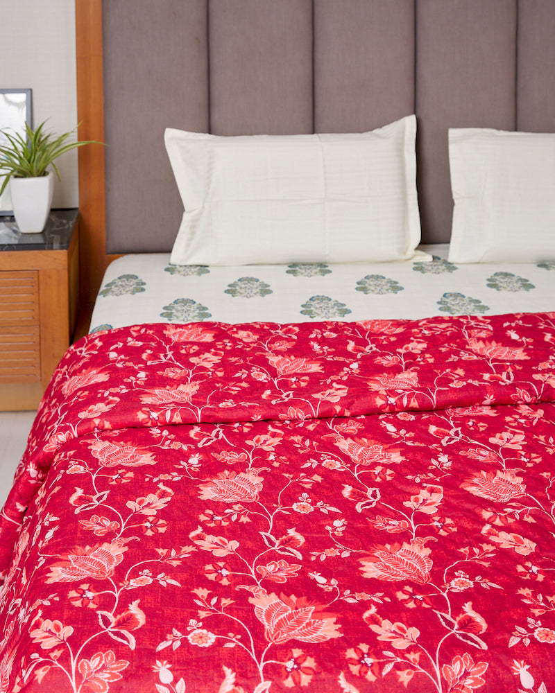 Red Double Bed Handblock Quilt (90" X 100")