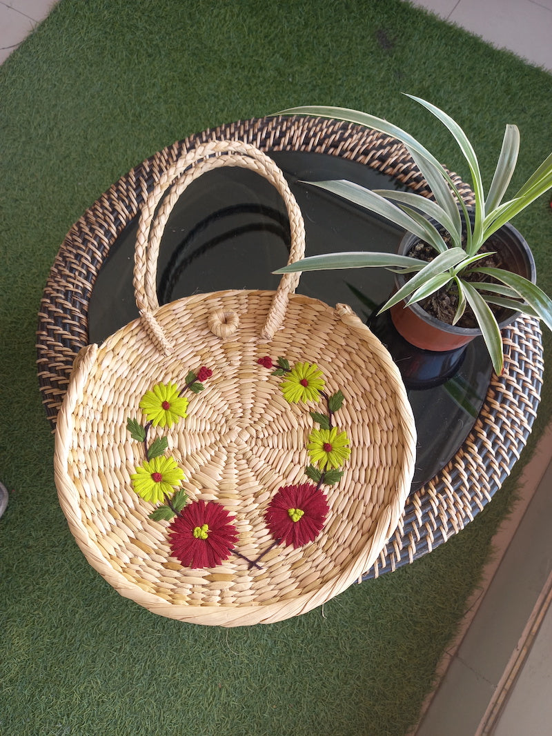 Large Round Kauna Bag with Floral Embroidery