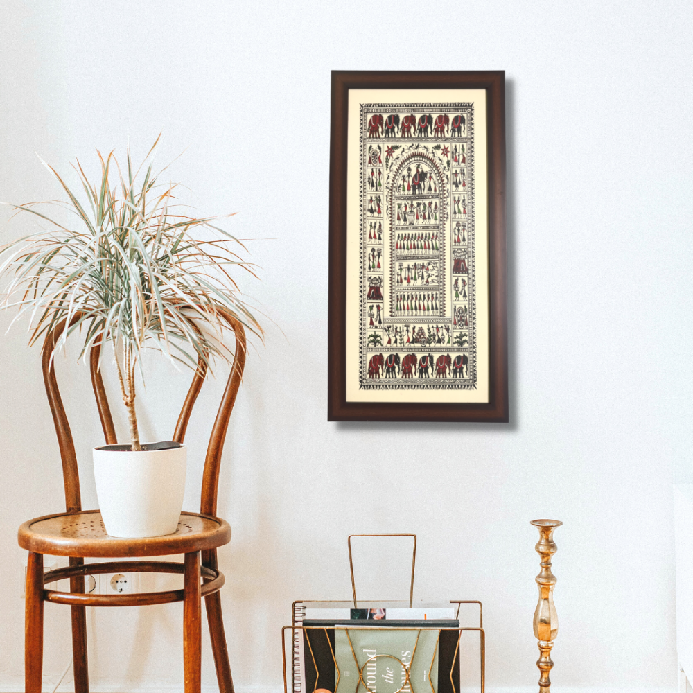 Hand Printed Framed Saura Tribal Painting on Tussar Silk