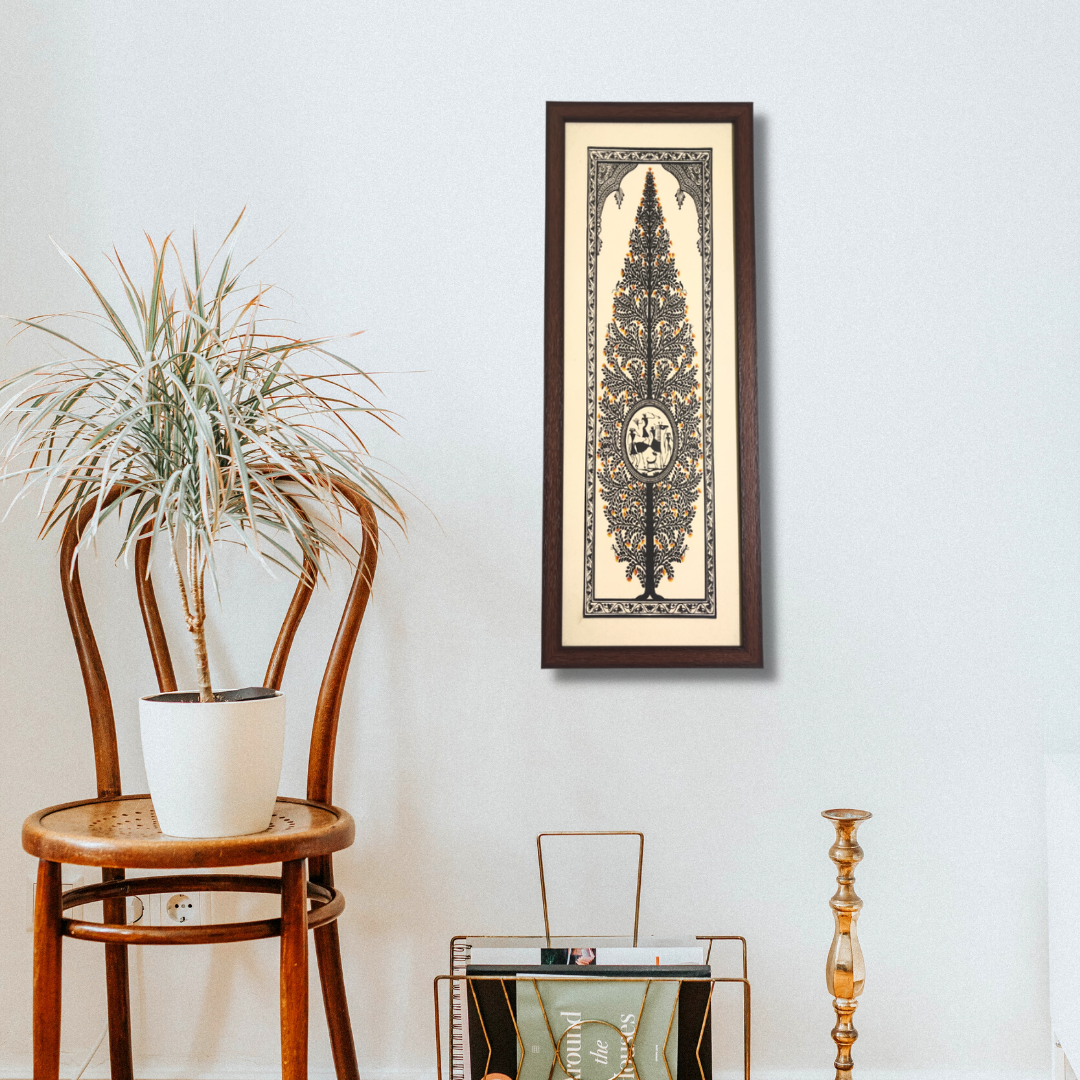 Hand Printed Black Tree of Life Tussar Silk Painting