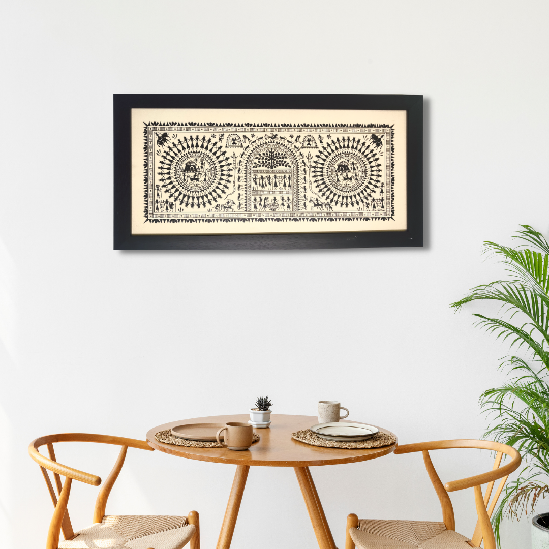 Hand Printed Saura Tribal Painting on Tussar Silk | Framed Artworks