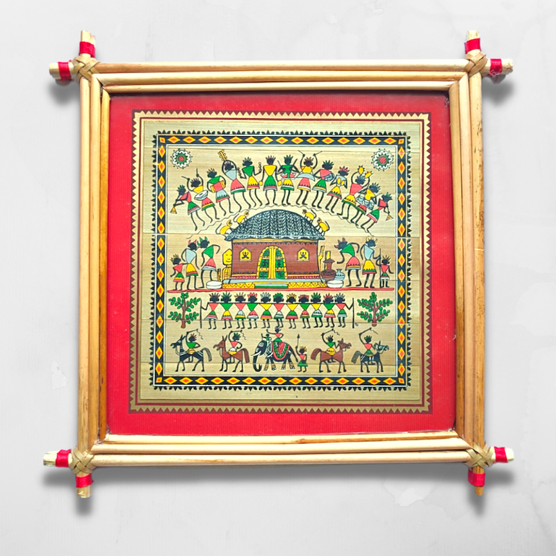 Handprinted Saura (Home & People) Painting with Palm Leaf Frame