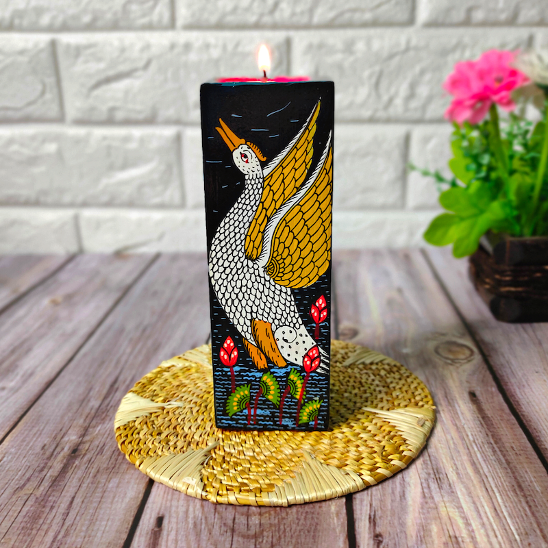 Hand-Painted Swan Theme Wooden Candle Holder