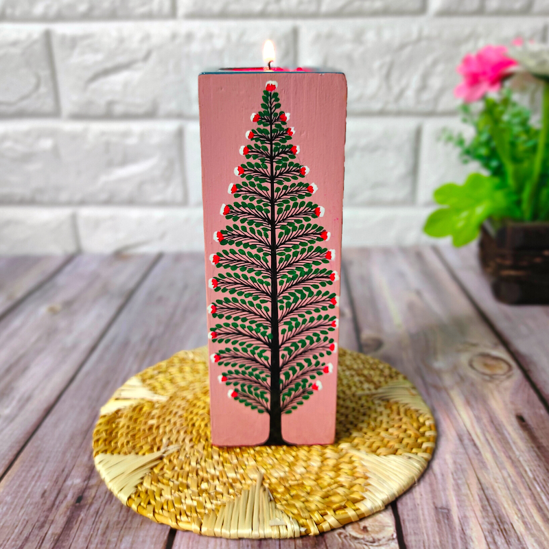 Hand-Painted Tree of Life Wooden Candle Holder