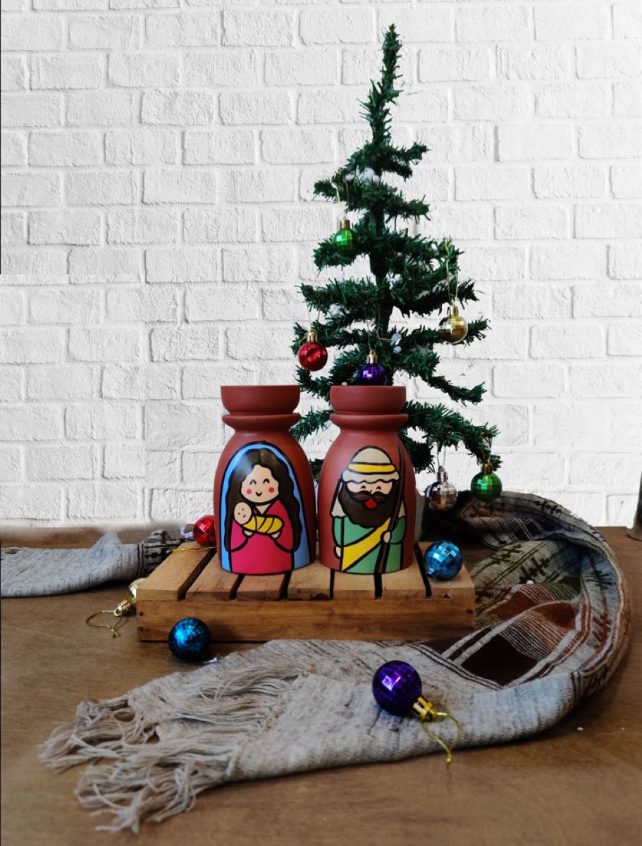 Handpainted Terracotta Mother Mary And Joseph Candle Holders (Set Of 2)