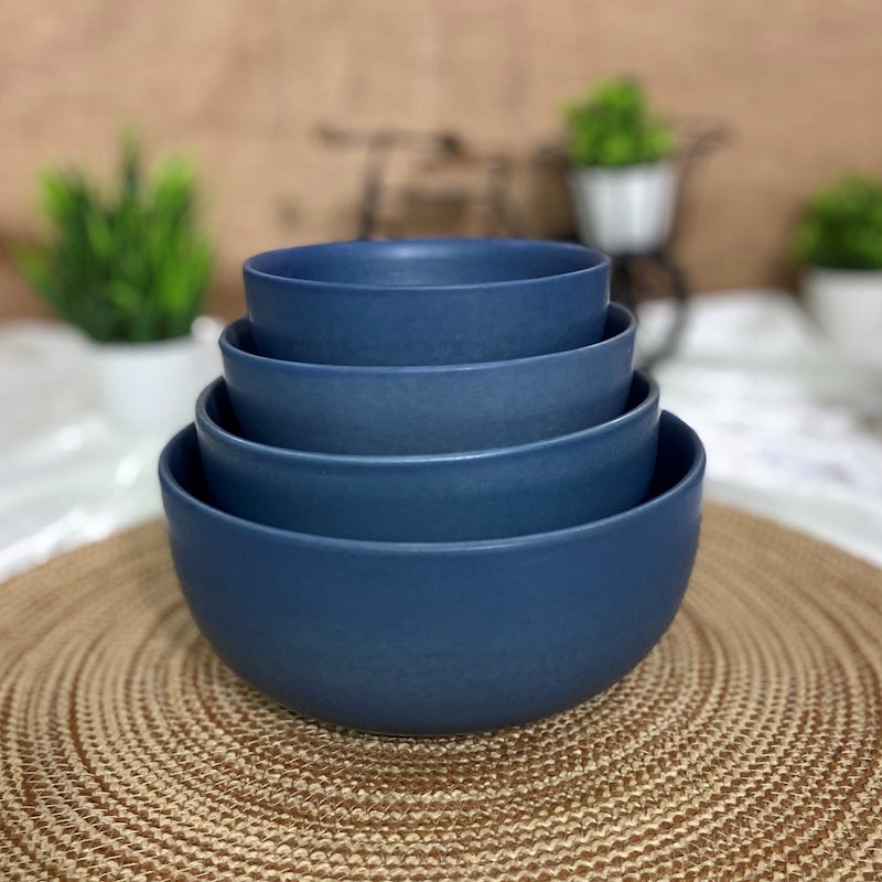 Matte Blue Ceramic Serving Bowls (Set of 4)