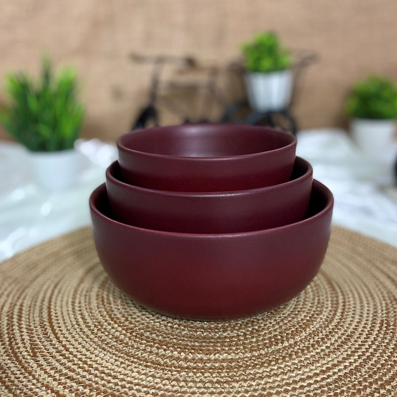 Matte Maroon Ceramic Serving Bowls ( Set of 3 )