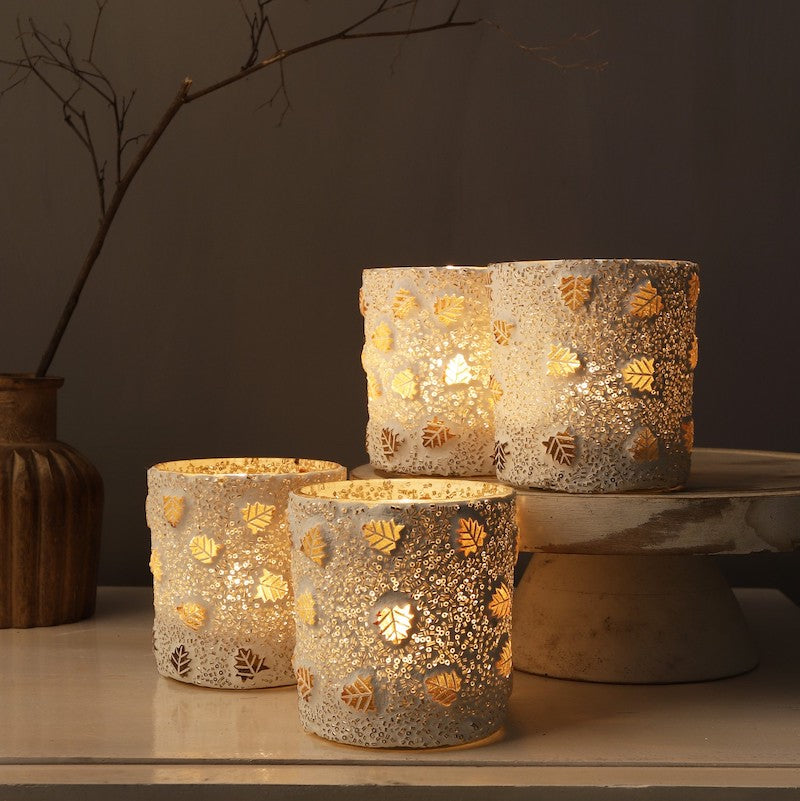 White & Golden Leaf Glass Tealight Votive (Set of 4)