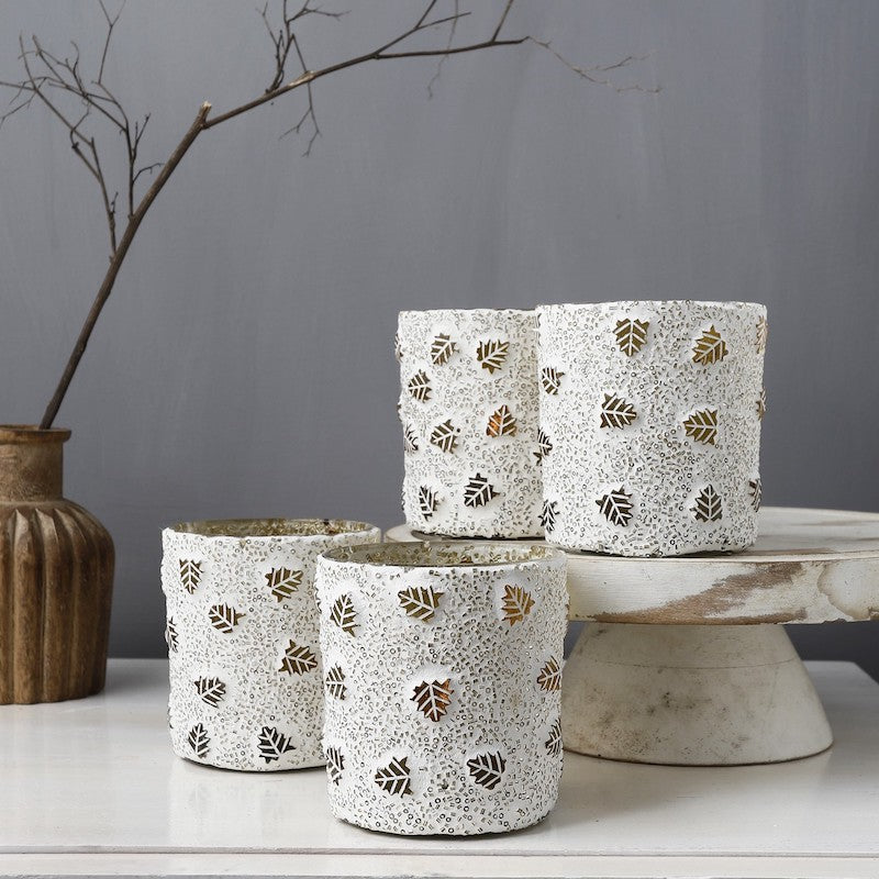 White & Golden Leaf Glass Tealight Votive (Set of 4)