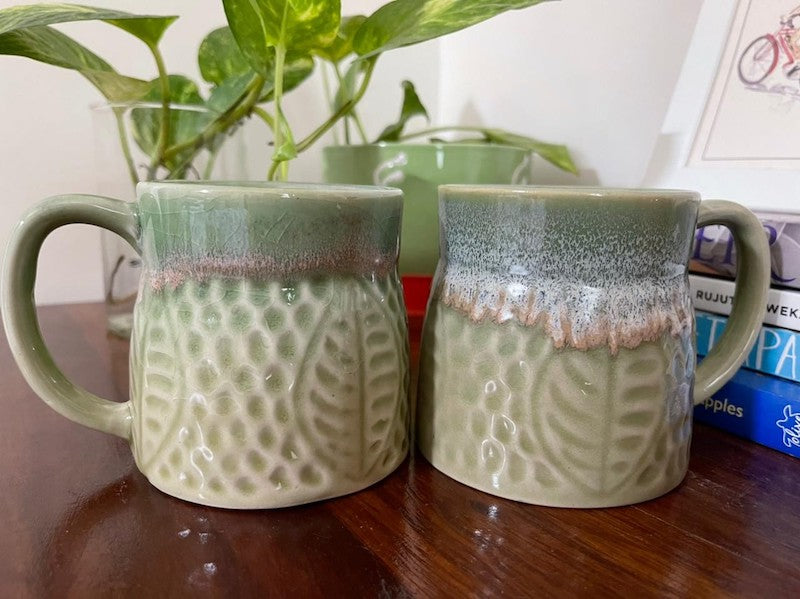 Mint Green Leafy Coffee Mugs (Set of 2)