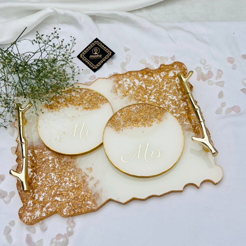 Champagne Crystals Mr & Mrs Resin Tray & Coasters Set