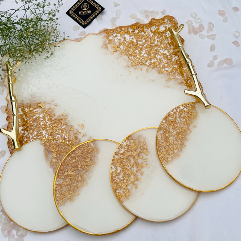 Champagne Crystals Resin Tray & Coasters Set
