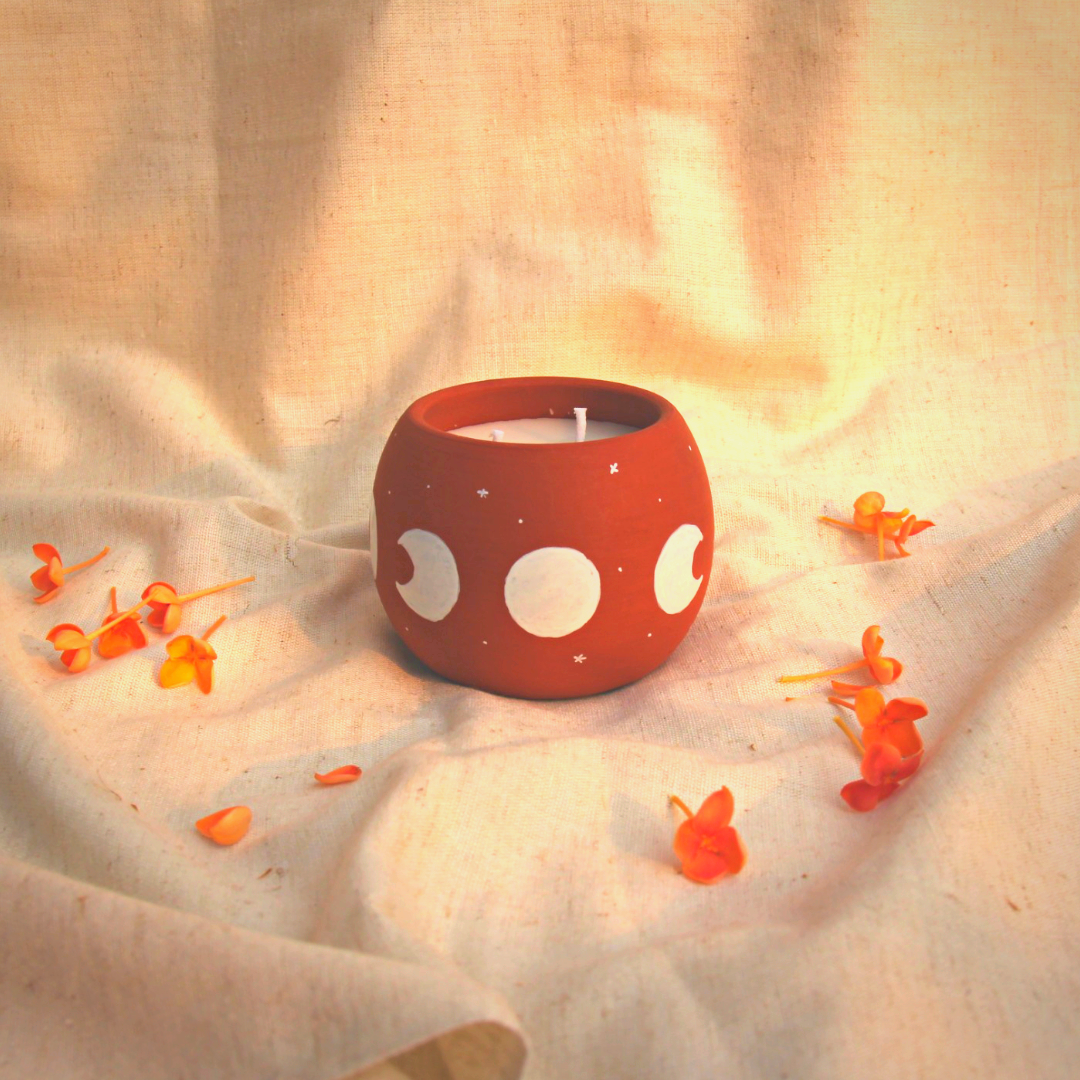 Moon Handpainted Terracotta Soy Wax Candle With Dual Wicks