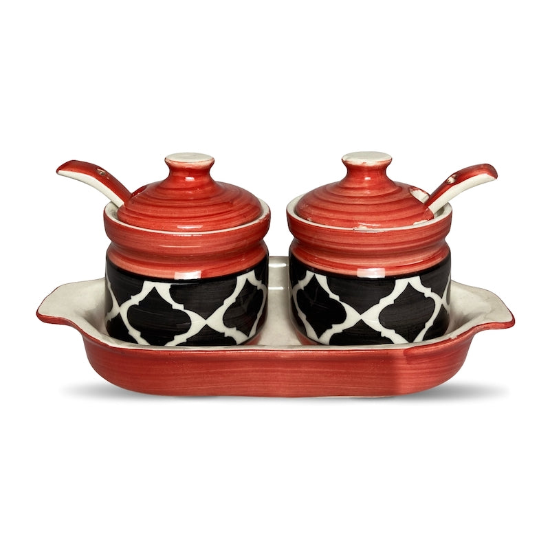 Moroccan Red Pickle Ceramic Jars with Tray Spoons (Set of 2)