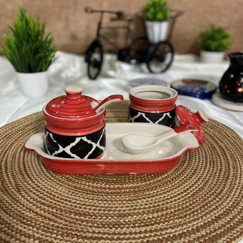 Moroccan Red Pickle Ceramic Jars with Tray Spoons (Set of 2)
