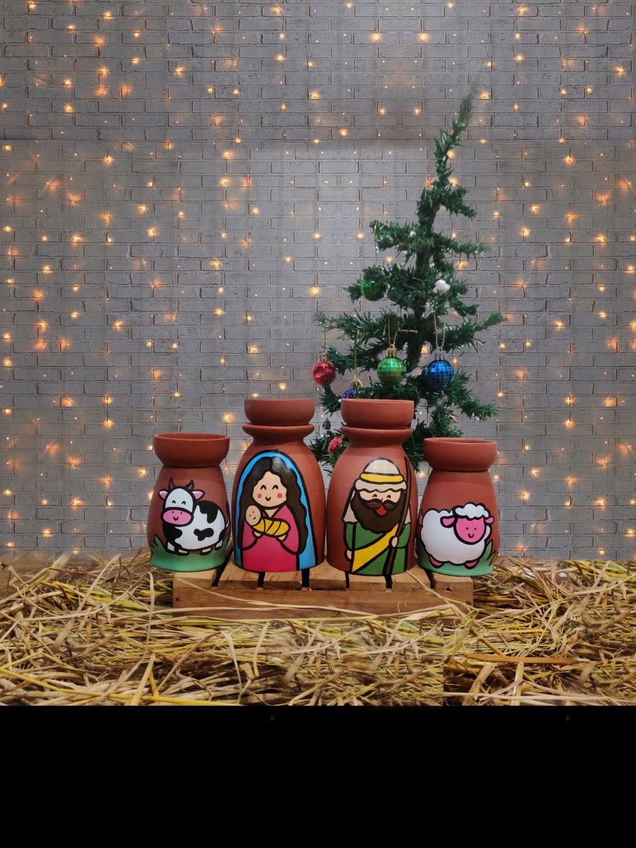 Handpainted Terracotta Nativity Candle Holders (Set Of 4)