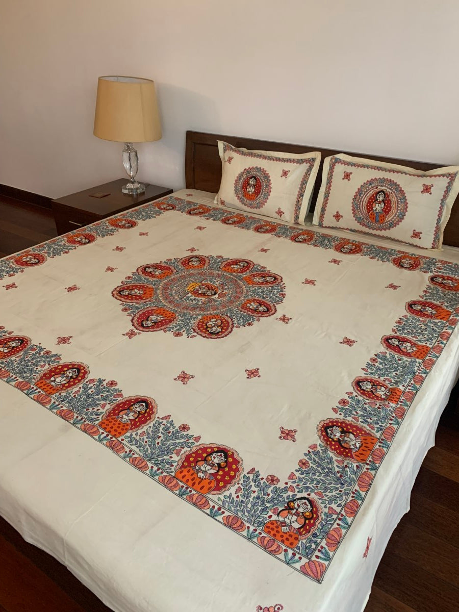 Off White Handpainted Moorti Motif Bedcover with Pillow Covers
