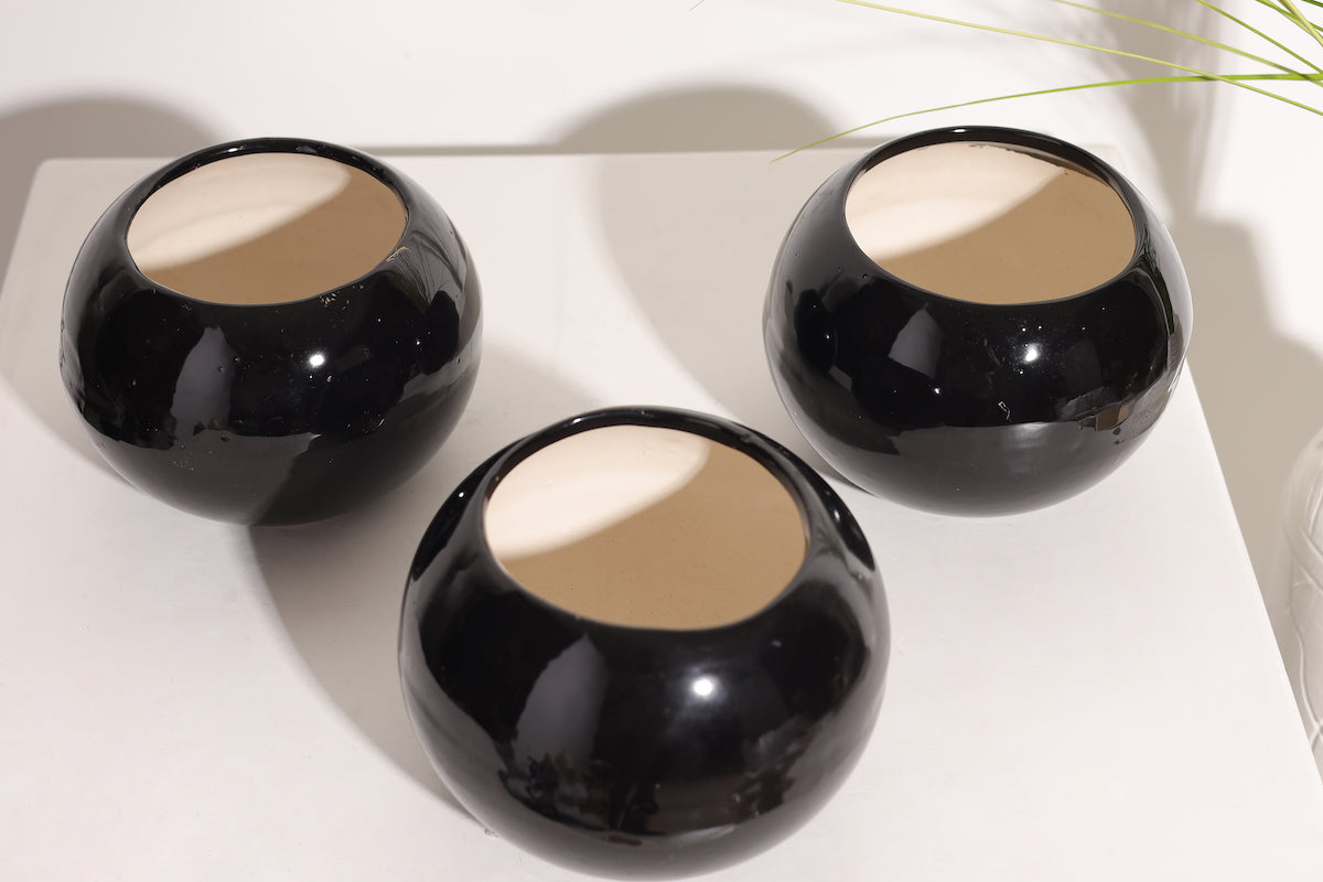 Black Small Ceramic Round Flower Pot (Pack of 1)