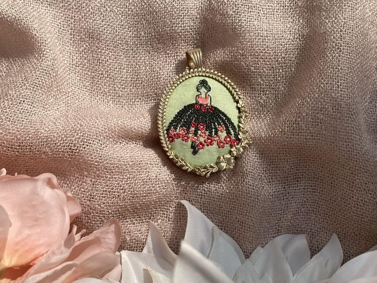 Girl Floral Dress Embroidered Handmade Pendant