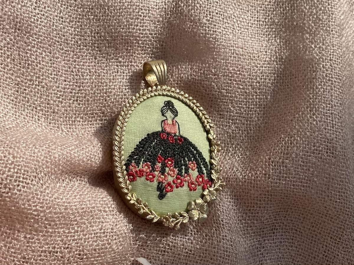 Girl Floral Dress Embroidered Handmade Pendant
