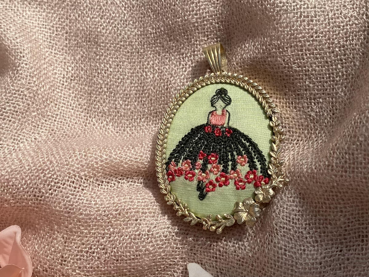 Girl Floral Dress Embroidered Handmade Pendant