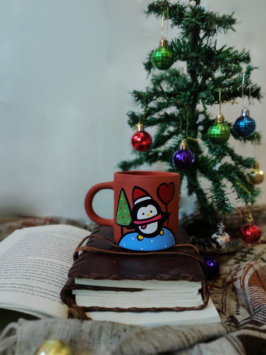 Handpainted Terracotta Christmas Mug  (Set Of 4)