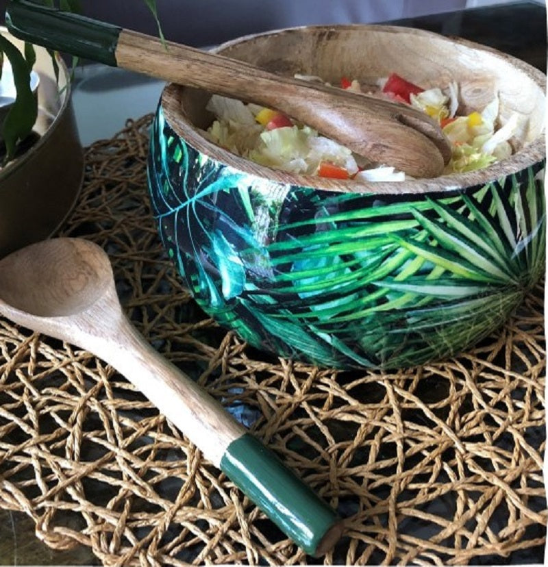 Tropical Print Salad Bowl with Serving Spoons